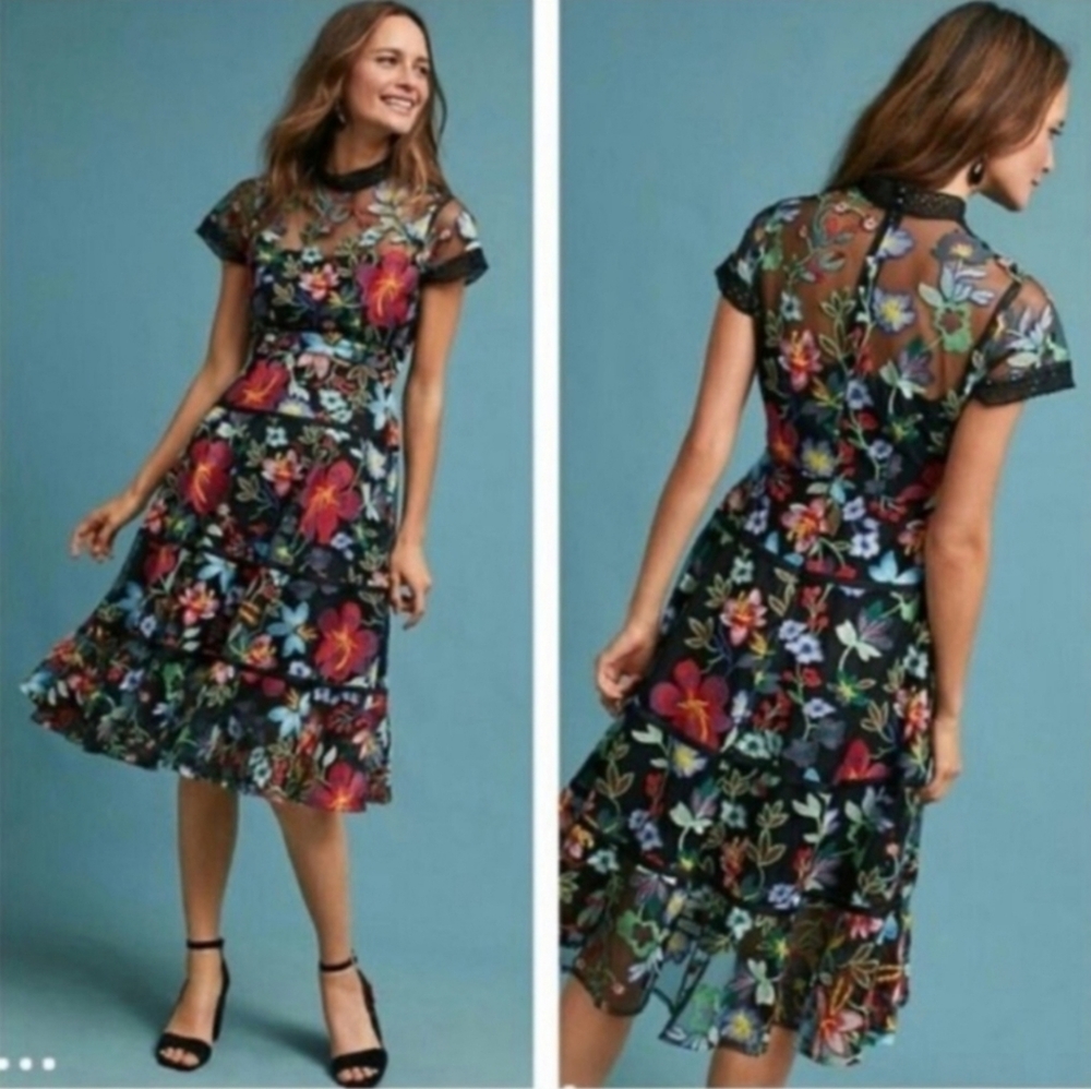 Anthropologie Black Sheer Midi Dress with Multicolor Floral Embroidery - Picture 3 of 8